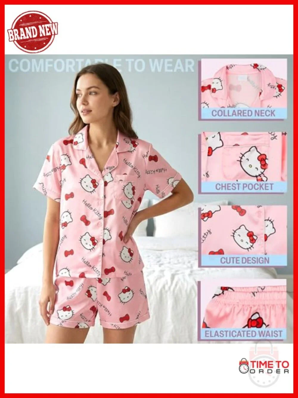 2 Piece Women's Pajama Set with Button-Down Shirt and Shorts, Kawaii Lounge Set